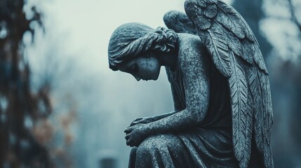 grieving angel statue at the cemetery offering a peaceful memorial concept with copy space for text related to loss