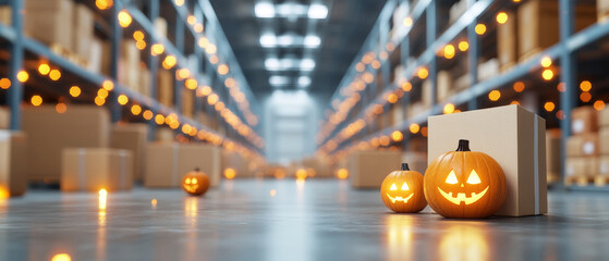 A hyper realistic shipping warehouse decorated for Halloween features glowing jack o lanterns and illuminated boxes, creating festive atmosphere