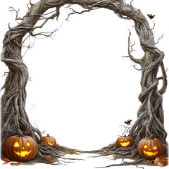 A spooky Halloween arch made of twisted branches, adorned with glowing jack-o'-lanterns, perfect for festive decorations.