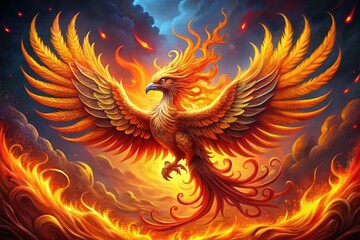 Obraz premium An Illustration Of A Mythical Fiery Phoenix Bird With Outspread Wings, Depicted In Intricate Detail With Flowing Lines And Vibrant Hues.