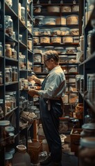 Fototapeta premium Man in a cluttered storage room full of jars and containers, carefully inspecting items under dim lighting.