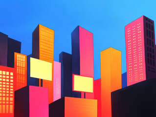 Vibrant watercolor cityscape of an e commerce center, showcasing colorful skyscrapers and bright signage against blue sky. lively atmosphere evokes sense of modern urban life