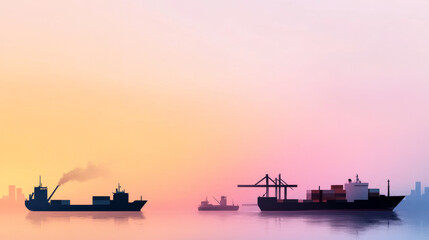 Digital painting of busy industrial scene featuring cargo ships and cranes silhouetted against colorful sunset. tranquil water reflects vibrant hues, creating serene atmosphere