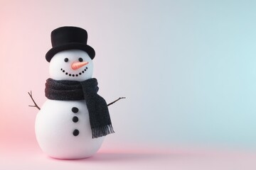 Fototapeta premium Snowman with Black Top Hat and Scarf on a Pink and Blue Gradient Background