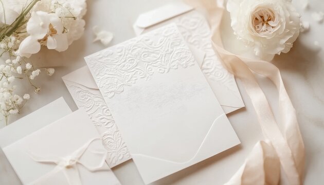 A delicate arrangement of elegant stationery, featuring embossed designs and soft ribbons, perfect for invitations or announcements.