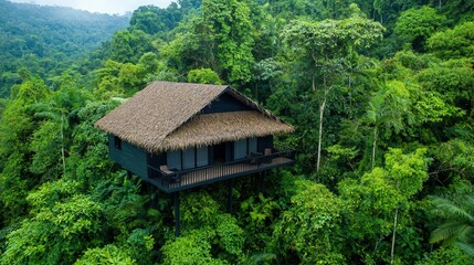 Obraz premium Tropical rainforest canopy with solar-powered eco-research huts, monkeys playing in the trees