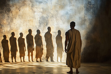 a dramatic reenactment of Plato’s Allegory of the Cave, with shadows and light illustrating the prisoners and the cave’s shadows