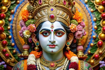 Fototapeta premium An Intricately Detailed Image Of The Deity Sri Ram With A Serene Expression And Adorned With Traditional Attire.