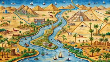 An intricately illustrated ancient Egyptian map showcases the lifeblood Nile River winding its way through Upper and Lower Egypt, highlighting major cities and desert expanses.