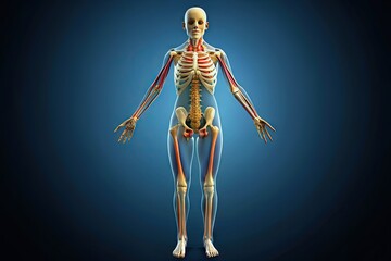 Anatomically correct, skeletal outline of a female body in a neutral pose, with detailed bones, organs, and muscles, ideal for medical or educational illustrations.
