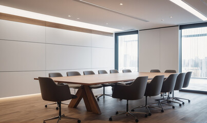 A modern conference room with a large wooden table and gray chairs, ready for a meeting
