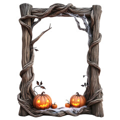 A spooky Halloween frame featuring carved pumpkins, cobwebs, and twisted vines, perfect for seasonal decorations and greetings.