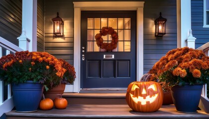 Obraz premium Elegant Halloween Front Porch Decor After Dark with Glowing Jack-o'-lantern, Candles, and Potted Mums Creating a Spooky Autumn Night Atmosphere