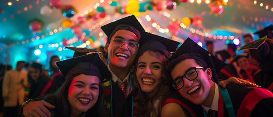 Joyful Graduation Celebration: Students Embrace Achievement Among University Decorations at Themed Party