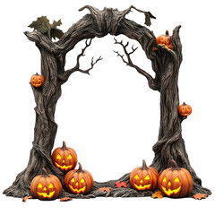 A spooky Halloween arch adorned with glowing pumpkins and twisted branches, perfect for festive decorations.