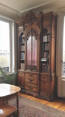 Large antique wooden bookcase standing in a bright haussmann apartment with typical ceiling moldings and parquet flooring