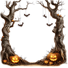 Spooky Halloween frame featuring twisted trees, hanging bats, and carved pumpkins, perfect for festive decoration.