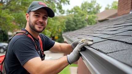 Dedicated gutter installer nimbly securing and aligning seamless rain gutters, their safety-conscious approach and attention to detail shining through