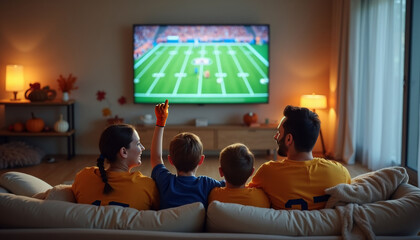 Parents and kids watching a football game on TV, surrounded by warm decor. Family bonding over football in a cozy living room with autumn decor.