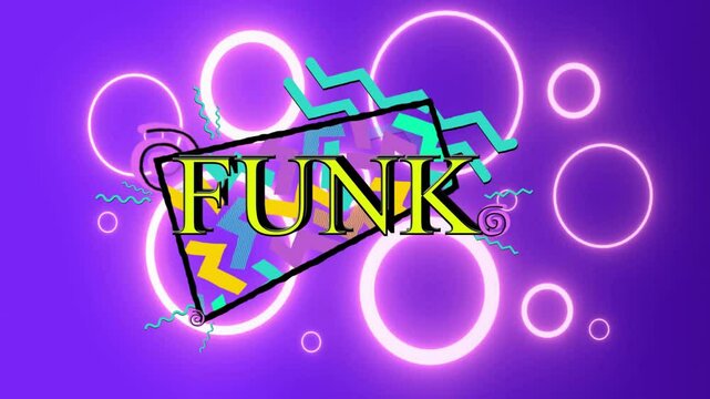 Animation of funk text over neon pattern background