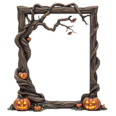 A spooky Halloween frame featuring twisted vines and illuminated jack-o'-lanterns, perfect for festive decorations and photos.