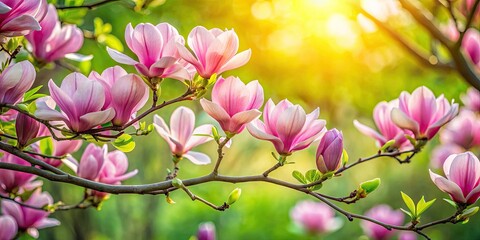 Obraz premium Beautiful Magnolia Tree Blooming With Fragrant Pink Flowers Against A Blurred Green Background