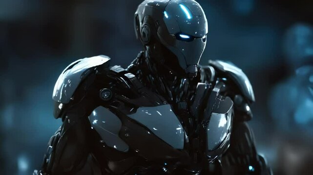 Cyborg Warrior in Futuristic Armor with Blue Eyes