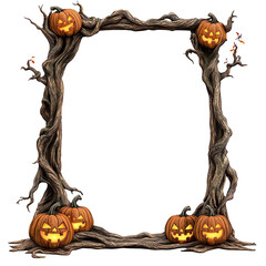 A spooky Halloween pumpkin frame perfect for festive decorations and spooky events, featuring carved pumpkins and twisted vines.