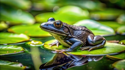 Obraz premium Black Frog Sitting On A Lily Pad In A Pond Surrounded By Green Foliage