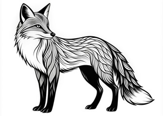 Obraz premium Black Outline Drawing Of A Fox Facing Left With A White Fill And A Transparent Background