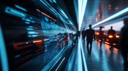 Digital transport analytics, holographic interfaces, futuristic commuters, early morning