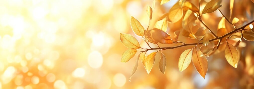 Golden sunlight illuminates the delicate leaves of a branch in a tranquil natural setting