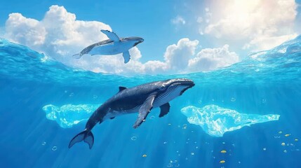 Obraz premium A serene underwater scene featuring a whale swimming majestically beneath a bright sky and shimmering water.