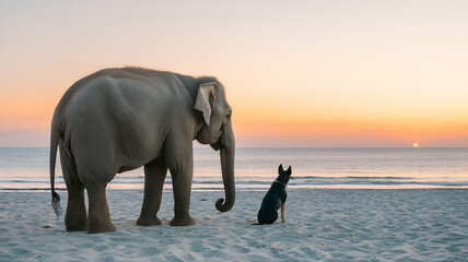 Obraz premium elephant and dog sunset wild life 