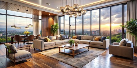 Bright And Spacious Living Room With Modern Furniture, Elegant Lighting, And Large Windows With Scenic Views