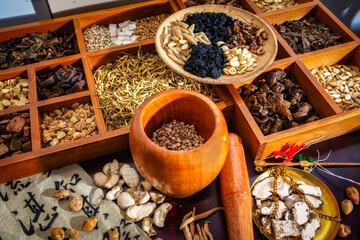 Fototapeta premium Vibrant Display of Traditional Herbs and Spices for Culinary Delights