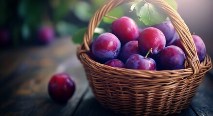 Freshly harvested blue plums in a rustic basket on a wooden table with green leaves