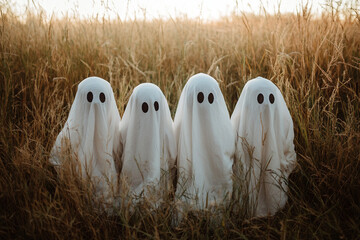 Funny people kids animals wearing halloween ghost costume celebrating, Generative AI