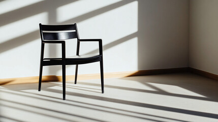 Fototapeta premium an empty chair positioned in the center of a dimly lit room, concept of loneliness