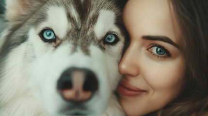 portrait of a woman with a husky