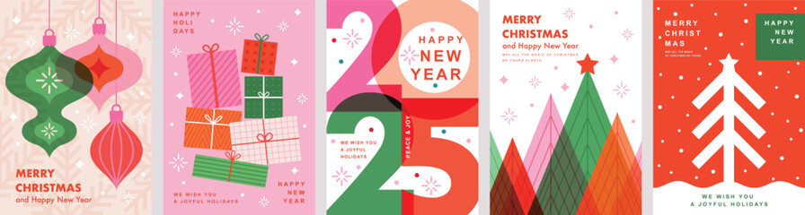 Christmas Minimalist card set - abstract Holidays flyers. Lettering with Christmas and New Year decorative elements. Vector illustration.