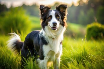 Charming Canine Companion With A Distinctive White And Black Coat, Playful Eyes And A Bushy Tail Stands Alert In A Grassy Meadow