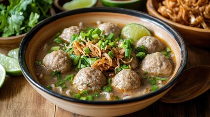 A bowl of bakso meatball soup on a table, garnished with chopped green onions, fried shallots, and lime wedges, the vibrant colors of Indonesian ingredients showcased beautifully