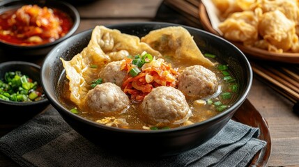 A bowl of bakso meatball soup served with a side of crispy fried wontons and sambal, the combination of crunchy and soft textures highlighted in a vibrant food scene