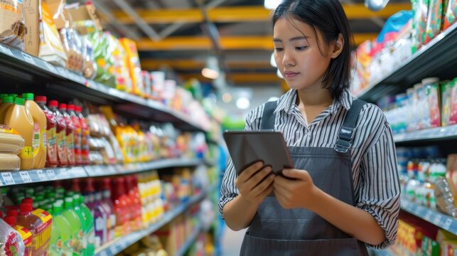 Photograph of a young female employee holding a digital computer tablet, checking stock at a grocery store, supermarket, buying, selecting products.