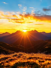 Breathtaking sunrise over majestic mountains, illuminating the landscape with vibrant hues and casting a warm glow on the grass. 3D