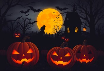 Spooky Halloween Night with Jack-o'-Lanterns and Ghost