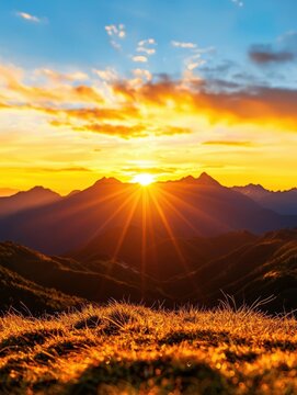 Breathtaking sunrise over majestic mountains, illuminating the landscape with vibrant hues and casting a warm glow on the grass. 3D