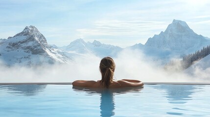woman enjoying infinity pool, misty alpine landscape and snow-covered mountains in the background, luxurious and tranquil winter retreat