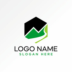 Logo design graphic concept abstract creative premium vector stock unique two mountains wildlife with river road shadow. Related landscape view island